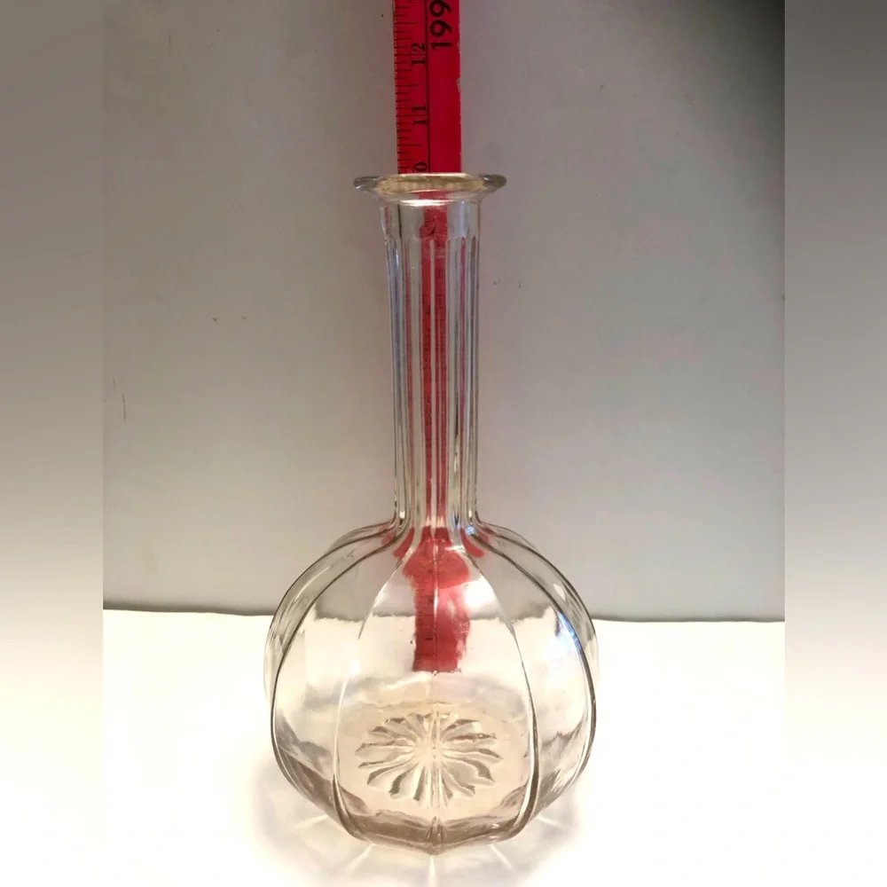 Vintage Decanter Bottle No Stopper Long Neck Ribbed Glass Curvy Flower Bottom